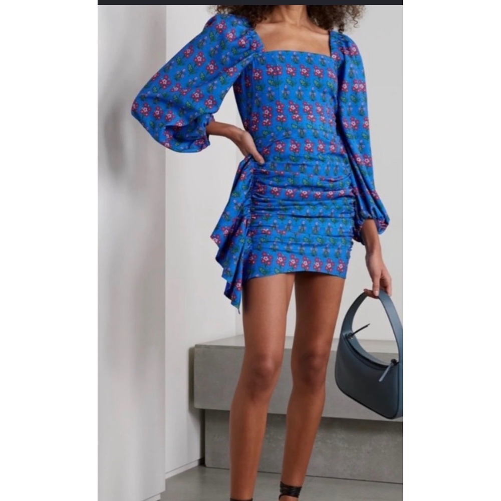 Rhode Mina Side Drape Dress Floral Puff Sleeve Square Neck Boho Romantic